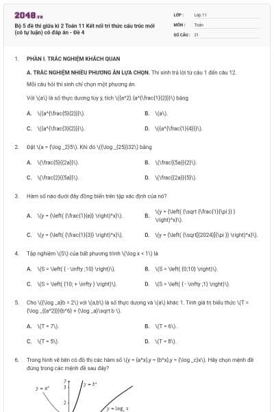 Bộ 5 đề thi giữa kì 2 Toán 11 Kết nối tri thức cấu trúc mới (có tự luận) có đáp án - Đề 4