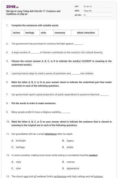 Bài tập từ vựng Tiếng Anh Chủ đề 17: Customs and traditions có đáp án