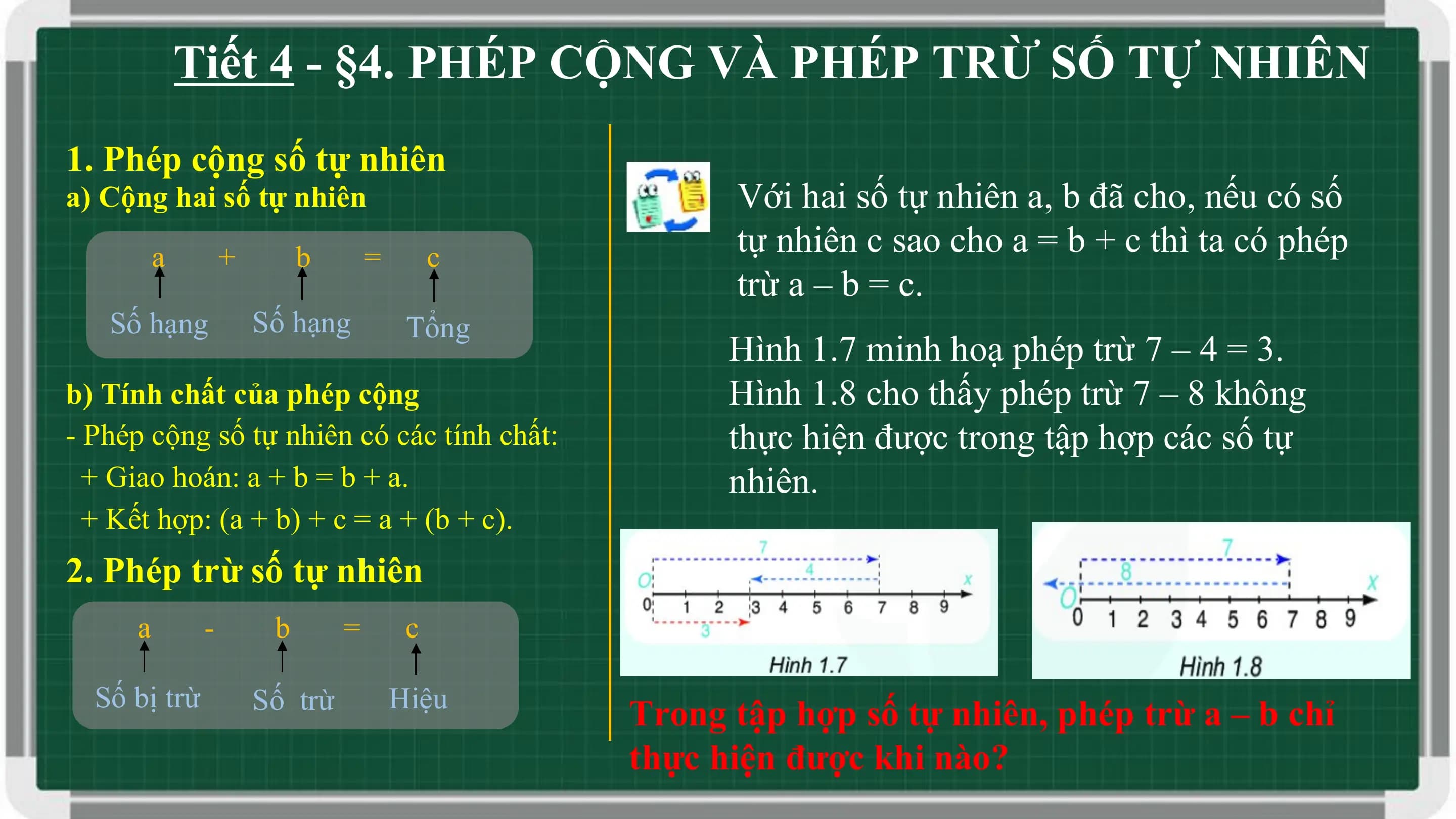 Tiết 4 - §4. PHÉP CỘNG VÀ PHÉP TRỪ SỐ TỰ NHIÊN
1. Phép cộng số tự nhiên
a) Cộng hai số tự nhiên Với hai số tự nhiên a, b đã cho, nếu có số
 a + b = c
 tự nhiên c sao cho a = b + c thì ta có phép
 trừ a – b = c.
 Số hạng Số hạng Tổng
 Hình 1.7 minh hoạ phép trừ 7 – 4 = 3.
b) Tính chất của phép cộng Hình 1.8 cho thấy phép trừ 7 – 8 không
- Phép cộng số tự nhiên có các tính chất: thực hiện được trong tập hợp các số tự
 + Giao hoán: a + b = b + a. nhiên.
 + Kết hợp: (a + b) + c = a + (b + c).
2. Phép trừ số tự nhiên
 a - b = c

 Số bị trừ Số trừ Hiệu
 Trong tập hợp số tự nhiên, phép trừ a – b chỉ
 thực hiện được khi nào?
