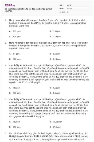 33 câu Trắc nghiệm Hóa 12 (có đáp án): Bài tập quy đổi sắt (P1)