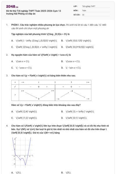 Đề thi thử Tốt nghiệp THPT Toán 2025-2026 Cụm 13 trường Hải Phòng có đáp án