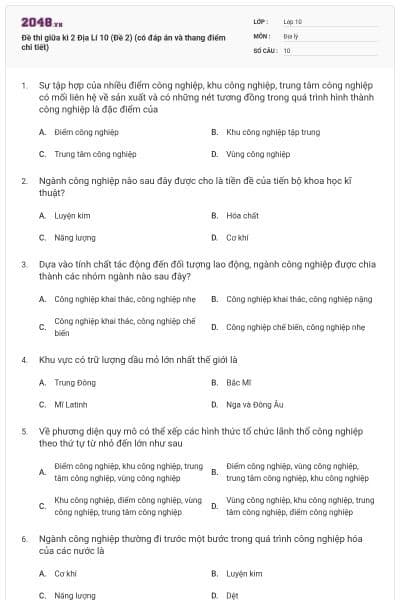 Đề thi giữa kì 2 Địa Lí 10 (Đề 2) (có đáp án và thang điểm chi tiết)