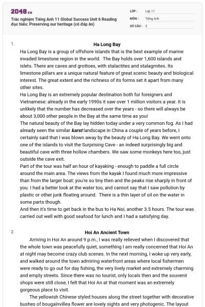 Trắc nghiệm Tiếng Anh 11 Global Success Unit 6 Reading đọc hiểu: Preserving our heritage (có đáp án)