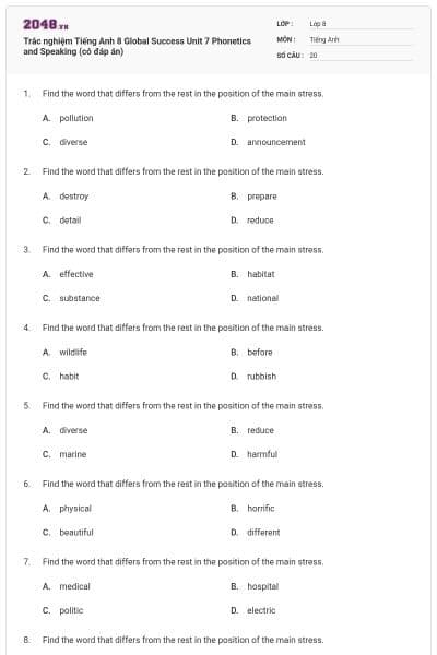 Trắc nghiệm Tiếng Anh 8 Global Success Unit 7 Phonetics and Speaking (có đáp án)