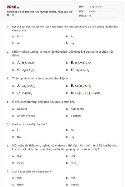 Tổng hợp đề thi thử Hóa Học mức độ cơ bản, nâng cao (Đế số 11)