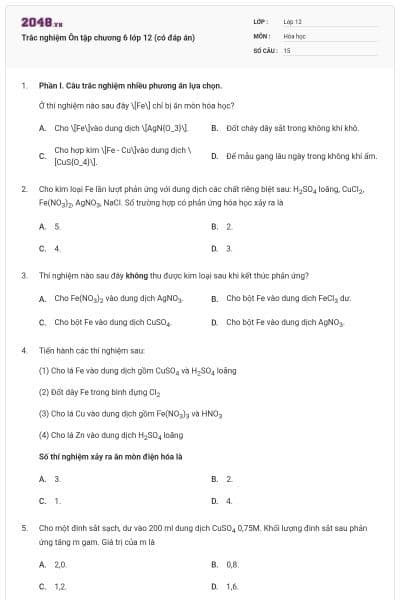 Trắc nghiệm Ôn tập chương 6 lớp 12 (có đáp án)