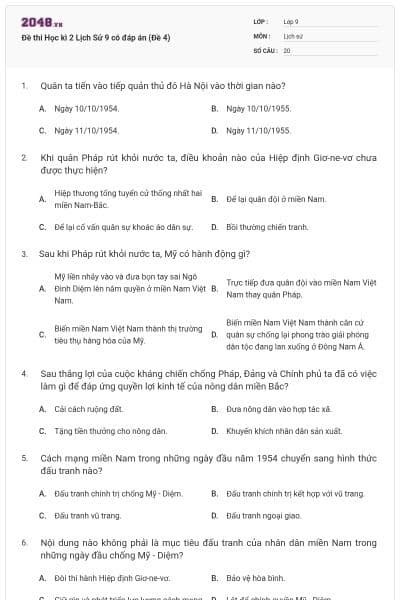 Đề thi Học kì 2 Lịch Sử 9 có đáp án (Đề 4)