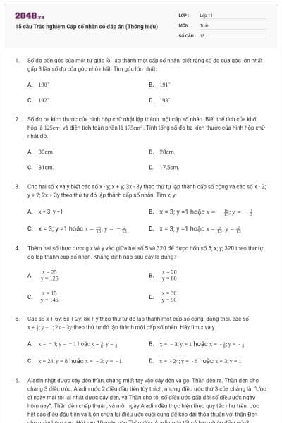 15 câu  Trắc nghiệm Cấp số nhân có đáp án (Thông hiểu)