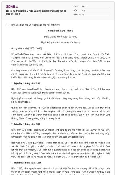 Bộ 10 đề thi cuối kì 2 Ngữ Văn lớp 8 Chân trời sáng tạo có đáp án ( Đề 4 )