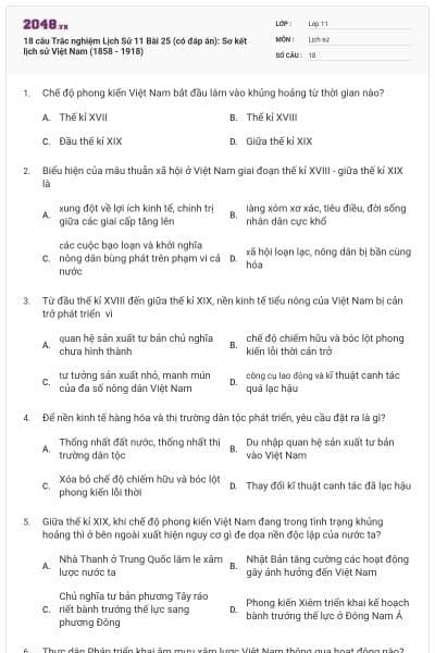 18 câu Trắc nghiệm Lịch Sử 11 Bài 25 (có đáp án): Sơ kết lịch sử Việt Nam (1858 - 1918)