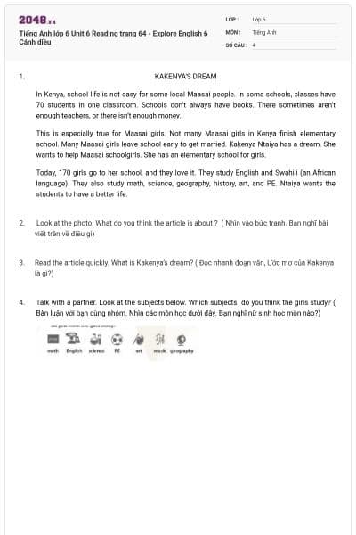 Tiếng Anh lớp 6 Unit 6 Reading trang 64 - Explore English 6 Cánh diều