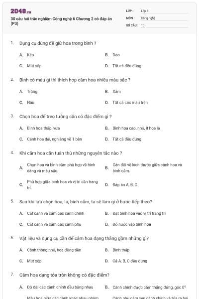 30 câu hỏi trắc nghiệm Công nghệ 6 Chương 2 có đáp án (P3)