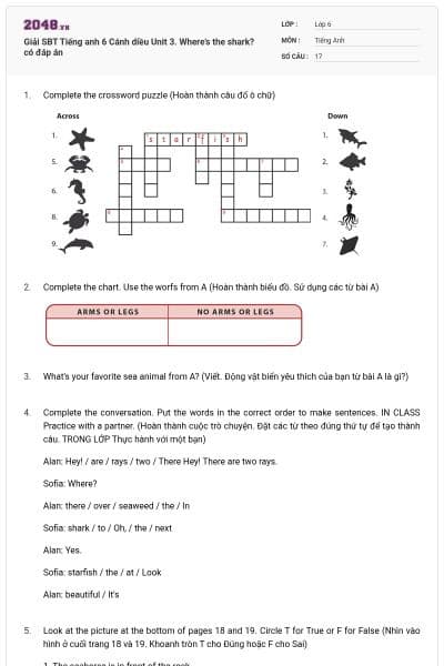 Giải SBT Tiếng anh 6 Cánh diều Unit 3. Where’s the shark? có đáp án