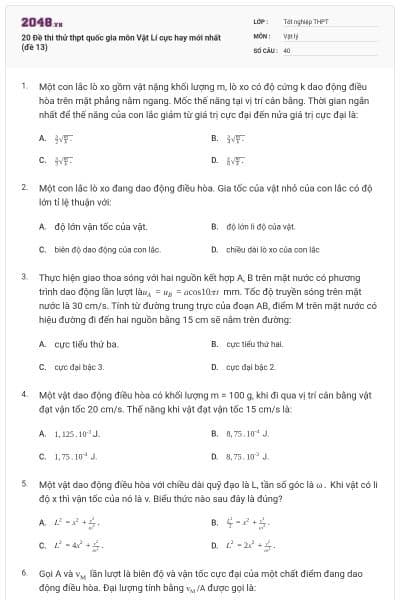 20 Đề thi thử thpt quốc gia môn Vật Lí cực hay mới nhất (đề 13)