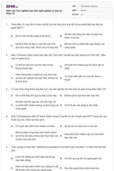 400+ câu Trắc nghiệm Đạo đức nghề nghiệp có đáp án - Phần 16