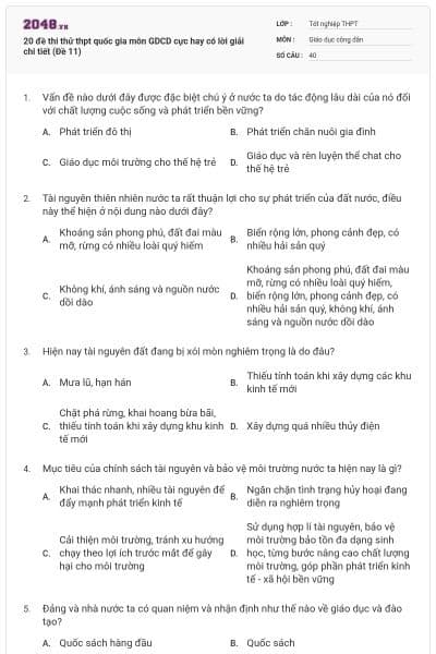 20 đề thi thử thpt quốc gia môn GDCD cực hay có lời giải chi tiết (Đề 11)