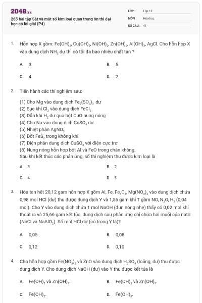 265 bài tập Sắt và một số kim loại quan trọng ôn thi đại học có lời giải (P4)