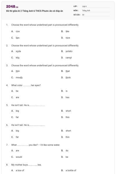 Đề thi giữa kì 2 Tiếng Anh 6 THCS Phước An có đáp án