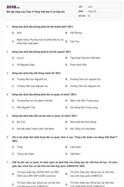 Bài tập nâng cao Tuần 4 Tiếng Việt lớp 4 (có đáp án)