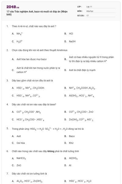 17 câu  Trắc nghiệm Axit, bazơ và muối có đáp án (Nhận biết)