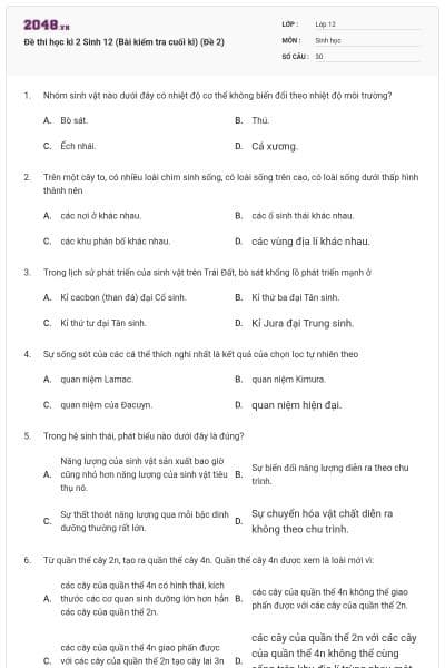 Đề thi học kì 2 Sinh 12 (Bài kiểm tra cuối kì) (Đề 2)