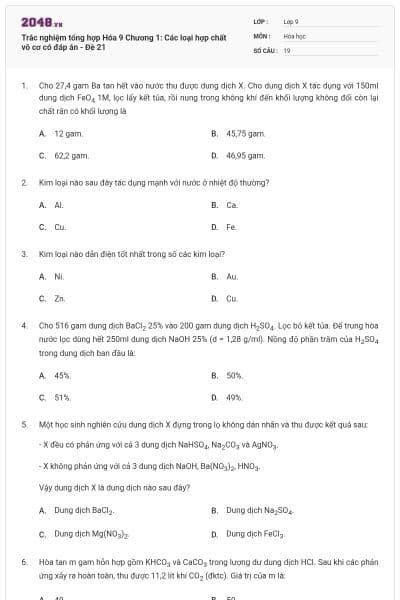 Trắc nghiệm tổng hợp Hóa 9 Chương 1: Các loại hợp chất vô cơ có đáp án - Đề 21