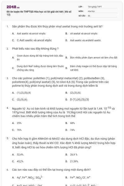 Đề ôn luyện thi THPTQG Hóa học có lời giải chi tiết ( Đề số 13)