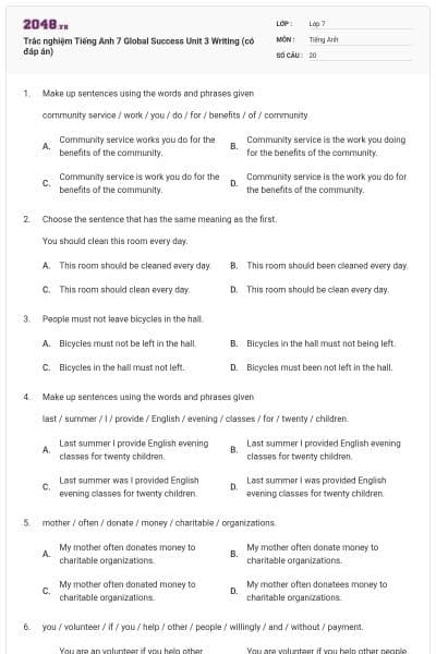 Trắc nghiệm Tiếng Anh 7 Global Success Unit 3 Writing (có đáp án)