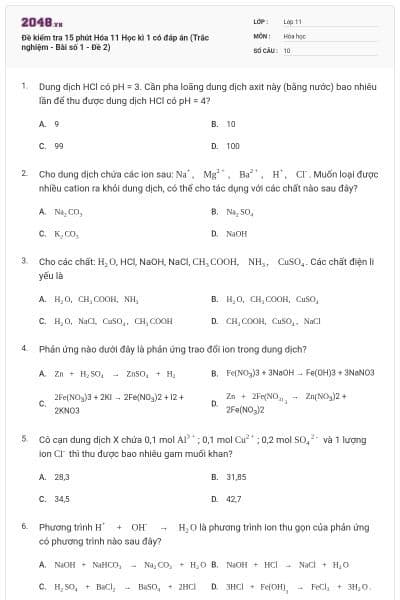 Đề kiểm tra 15 phút Hóa 11 Học kì 1 có đáp án (Trắc nghiệm - Bài số 1 - Đề 2)
