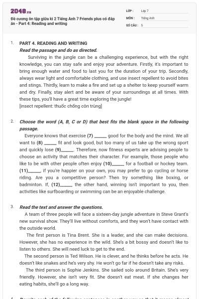 Đề cương ôn tập giữa kì 2 Tiếng Anh 7 Friends plus có đáp án - Part 4: Reading and writing