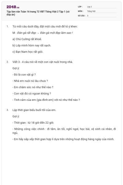 Tập làm văn Tuần 16 trang 72 VBT Tiếng Việt 2 Tập 1 (có đáp án)