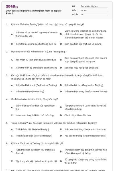 200+ câu Trắc nghiệm Kiểm thử phần mềm có đáp án - Phần 7