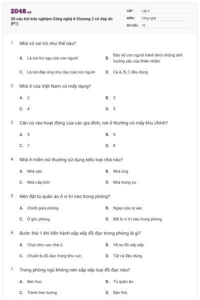 30 câu hỏi trắc nghiệm Công nghệ 6 Chương 2 có đáp án (P1)