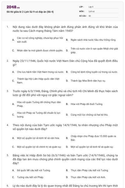 Đề thi giữa kì 2 Lịch Sử 9 có đáp án (Đề 4)