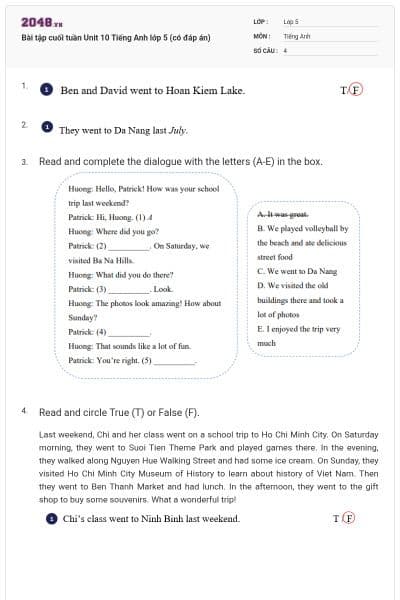 Bài tập cuối tuần Unit 10 Tiếng Anh lớp 5 (có đáp án)