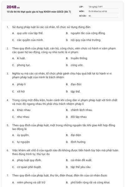 10 đề thi thi thpt quốc gia tổ hợp KHXH môn GDCD (Đề 7)