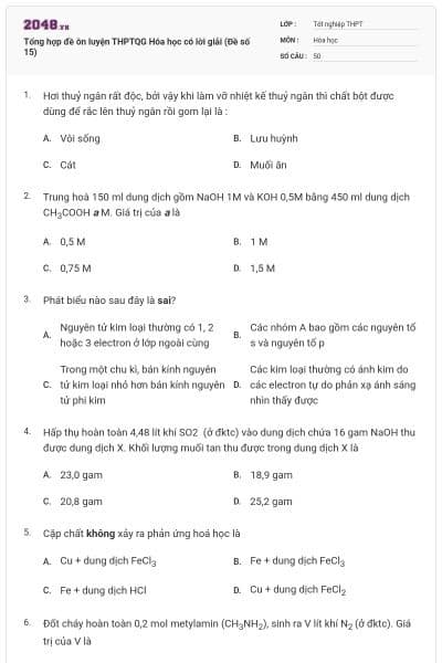 Tổng hợp đề ôn luyện THPTQG Hóa học có lời giải (Đề số 15)