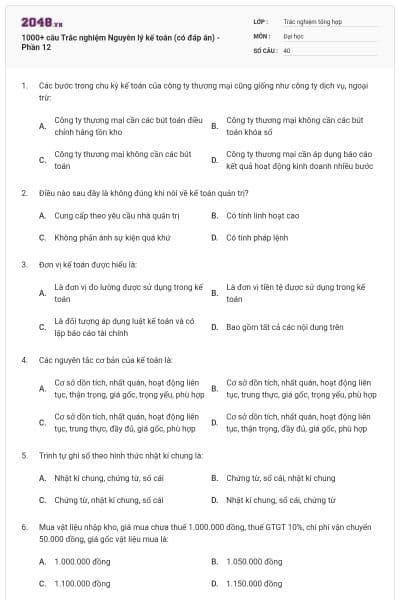 1000+ câu Trắc nghiệm Nguyên lý kế toán (có đáp án) - Phần 12
