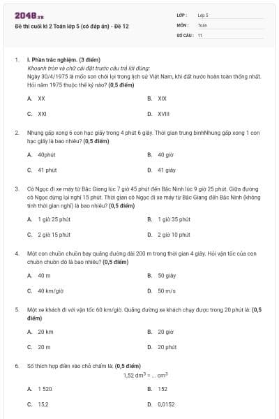 Đề thi cuối kì 2 Toán lớp 5 (có đáp án) - Đề 12
