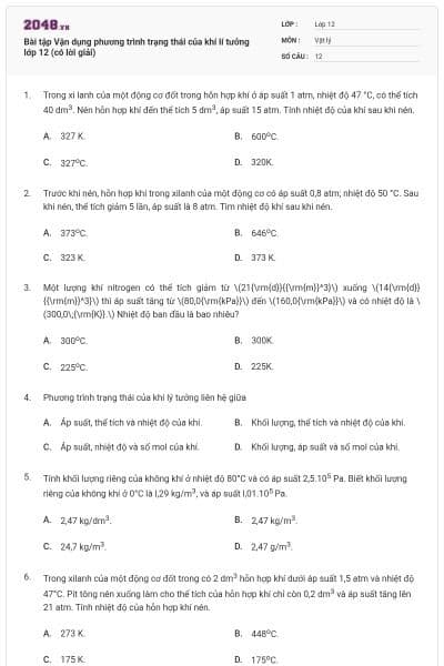 Bài tập Vận dụng phương trình trạng thái của khí lí tưởng lớp 12 (có lời giải)