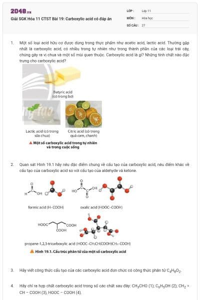 Giải SGK Hóa 11 CTST Bài 19: Carboxylic acid có đáp án