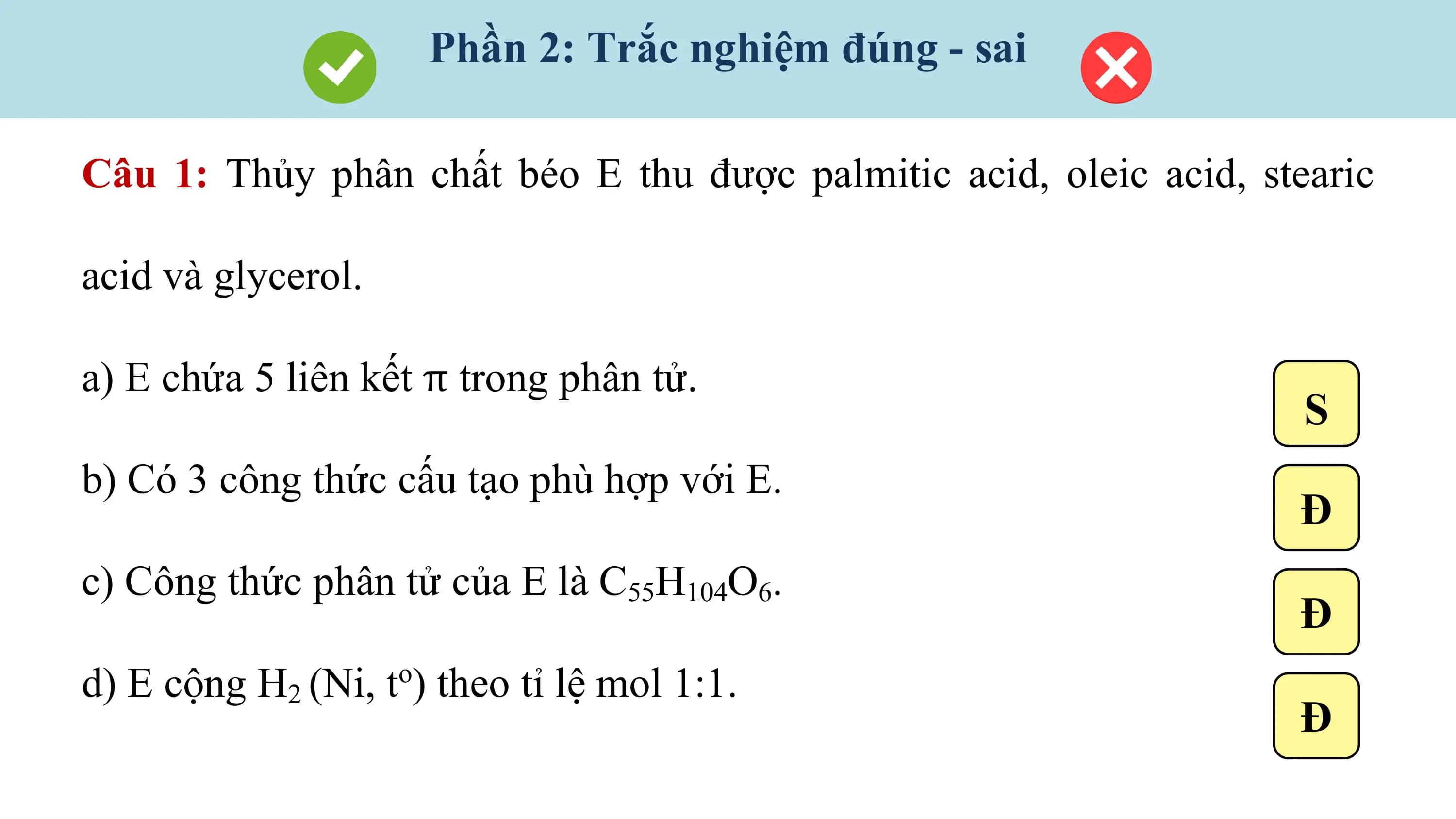 Phần 2: Trắc nghiệm đúng - sai

Câu 1: Thủy phân chất béo E thu được palmitic acid, oleic acid, stearic

acid và glycerol.

a) E chứa 5 liên kết π trong phân tử.
 S
b) Có 3 công thức cấu tạo phù hợp với E.
 Đ
c) Công thức phân tử của E là C55H104O6.
 Đ
d) E cộng H2 (Ni, t ) theo tỉ lệ mol 1:1.
 o
 Đ