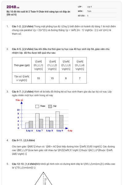 Bộ 10 đề thi cuối kì 2 Toán 9 Chân trời sáng tạo có đáp án (Đề số 6)
