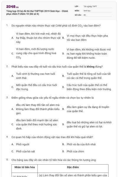 Tổng hợp 20 bộ đề thi thử THPTQG 2019 Sinh Học - Chinh phục điểm 9 điểm 10 (Đề số 6)