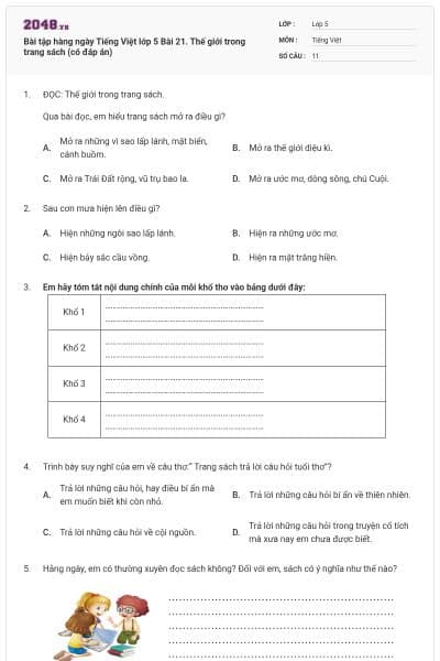 Bài tập hàng ngày Tiếng Việt lớp 5 Bài 21. Thế giới trong trang sách (có đáp án)