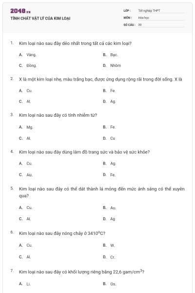 TÍNH CHẤT VẬT LÝ CỦA KIM LOẠI