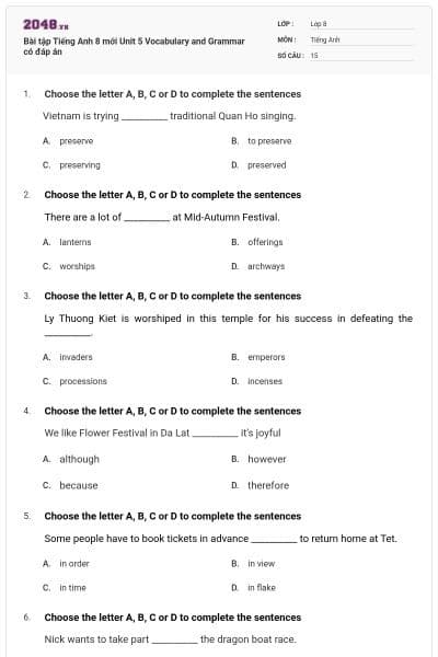 Bài tập Tiếng Anh 8 mới Unit 5 Vocabulary and Grammar có đáp án