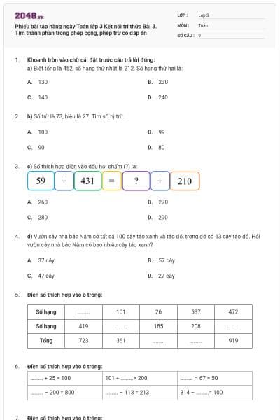 Phiếu bài tập hàng ngày Toán lớp 3 Kết nối tri thức Bài 3. Tìm thành phần trong phép cộng, phép trừ có đáp án