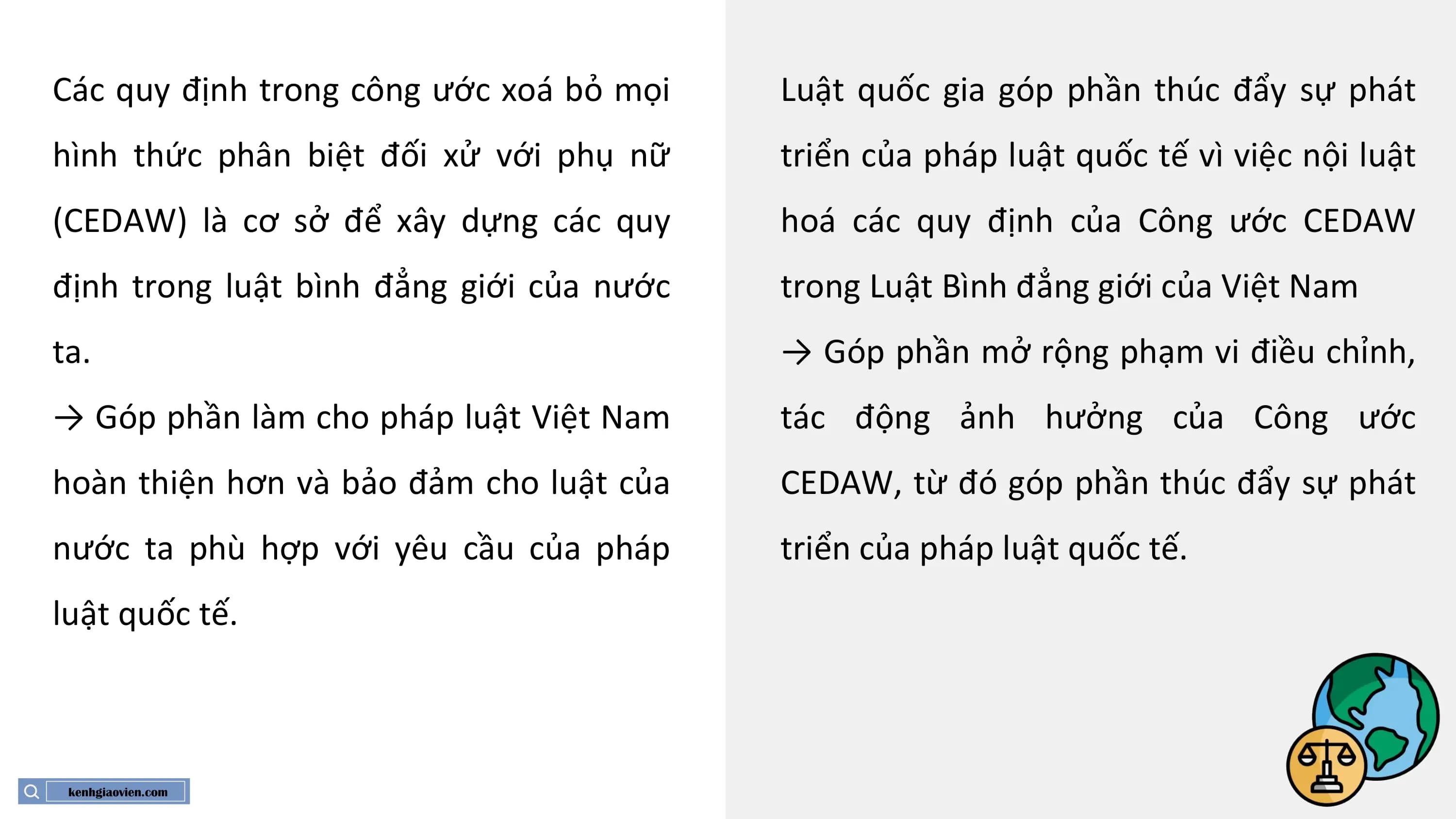 Các quy định trong công ước xoá bỏ mọi Luật quốc gia góp phần thúc đẩy sự phát
hình thức phân biệt đối xử với phụ nữ triển của pháp luật quốc tế vì việc nội luật
(CEDAW) là cơ sở để xây dựng các quy hoá các quy định của Công ước CEDAW
định trong luật bình đẳng giới của nước trong Luật Bình đẳng giới của Việt Nam
ta. → Góp phần mở rộng phạm vi điều chỉnh,
→ Góp phần làm cho pháp luật Việt Nam tác động ảnh hưởng của Công ước
hoàn thiện hơn và bảo đảm cho luật của CEDAW, từ đó góp phần thúc đẩy sự phát
nước ta phù hợp với yêu cầu của pháp triển của pháp luật quốc tế.
luật quốc tế.