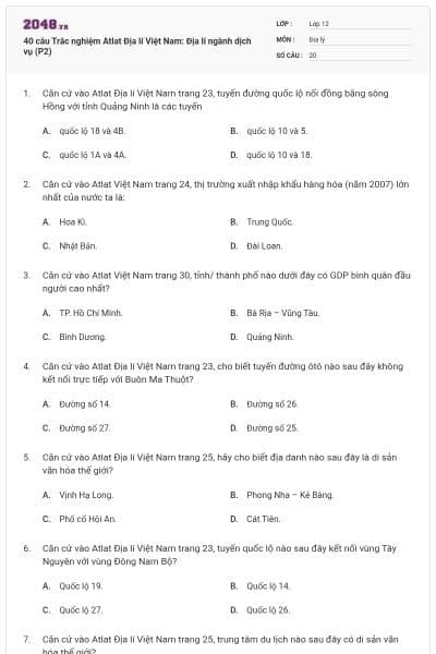 40 câu  Trắc nghiệm Atlat Địa lí Việt Nam: Địa lí ngành dịch vụ (P2)